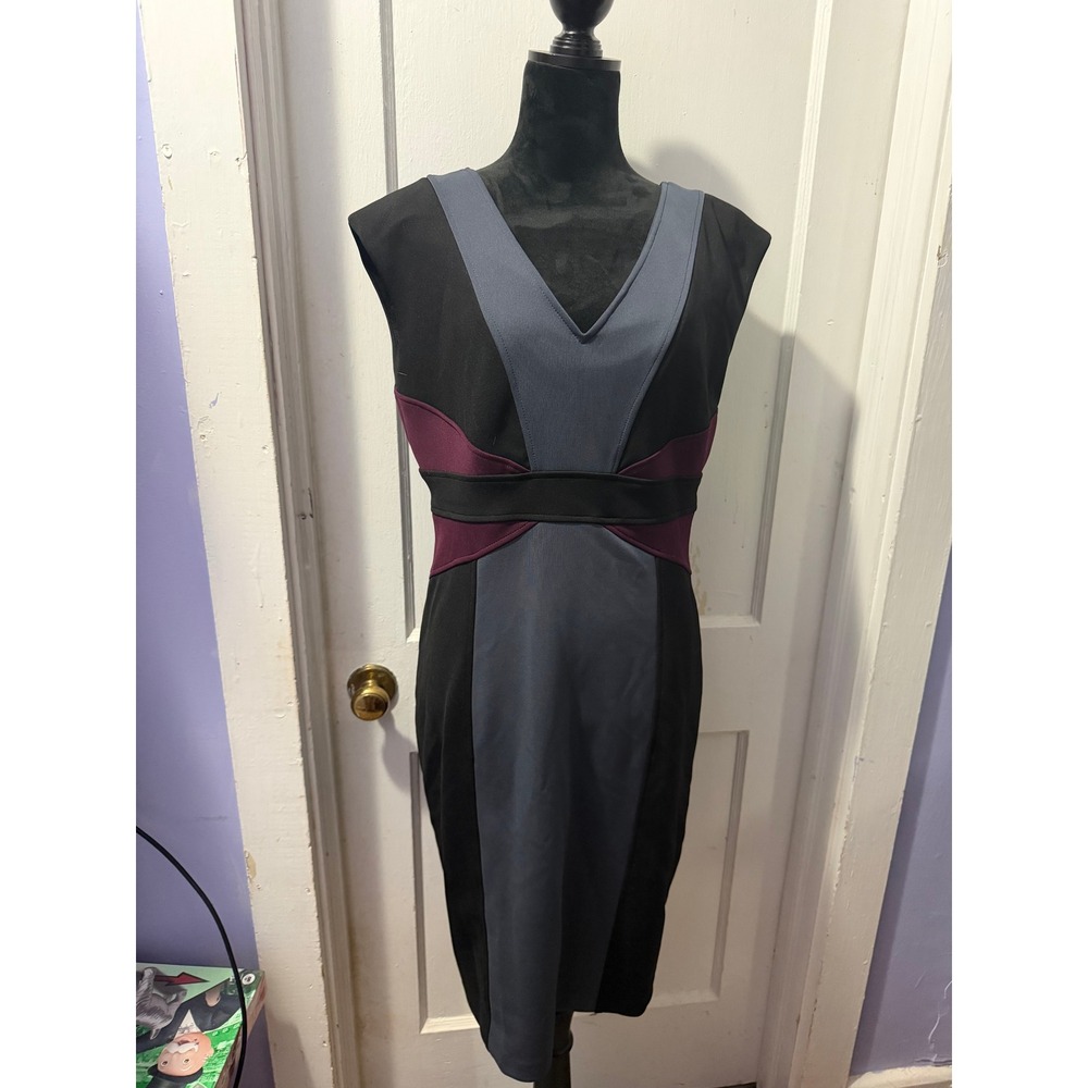 Maggy London Grey Black Purple Color Block V-Neck Sleeveless Sheath Dress 14